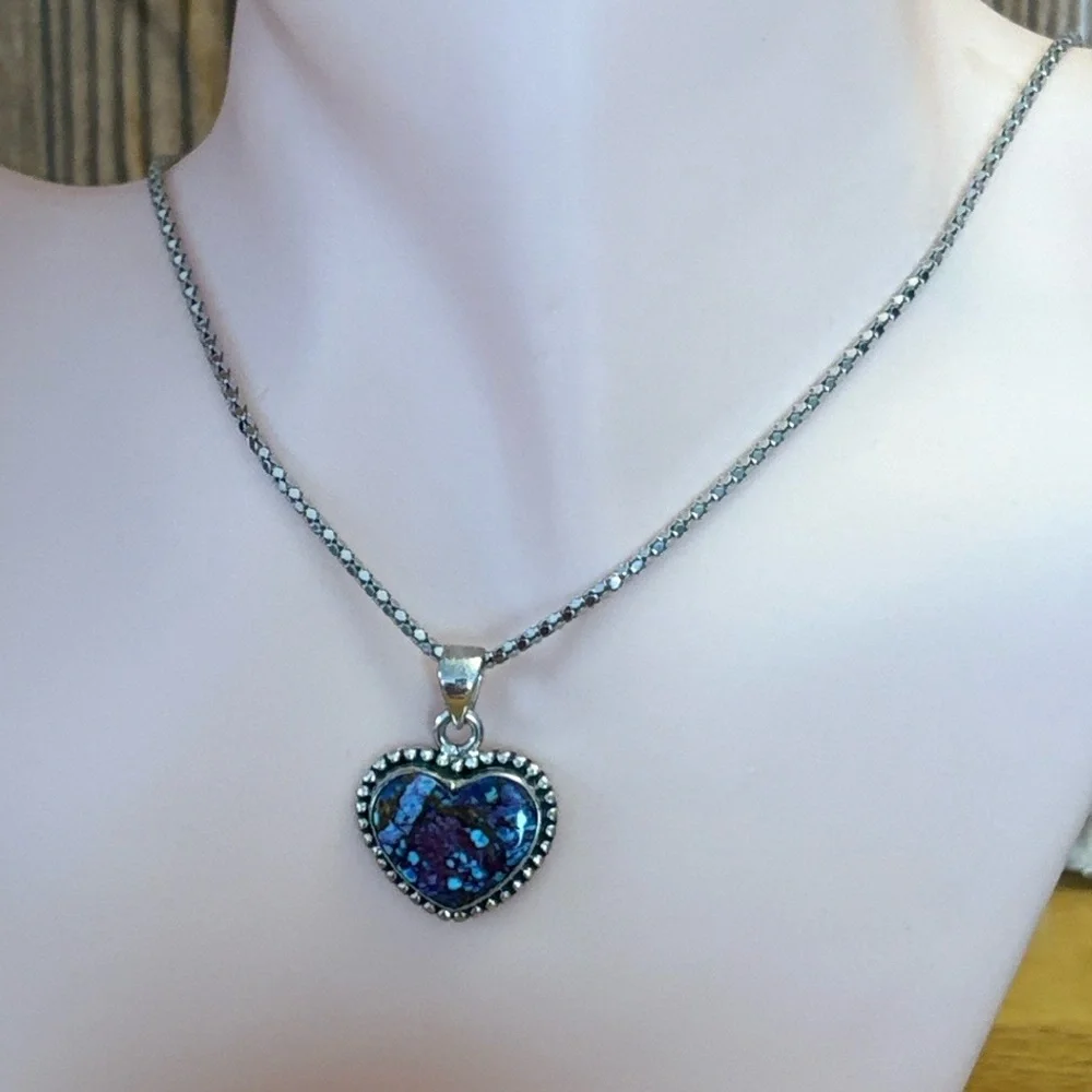 Purple Copper Turquoise Natural 7.30ct Heart Pendant Sterling Silver 20